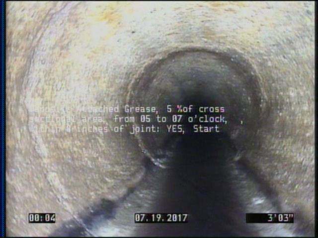 Deposits Attached Grease, 5 %of cross sectional area, from 05 to 07 o'clock, , within 8 inches of joint: YES, Start