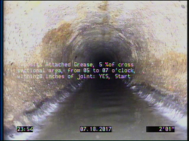 Deposits Attached Grease, 5 %of cross sectional area, from 05 to 07 o'clock, , within 8 inches of joint: YES, Start
