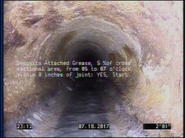 Deposits Attached Grease, 5 %of cross sectional area, from 05 to 07 o'clock, , within 8 inches of joint: YES, Start