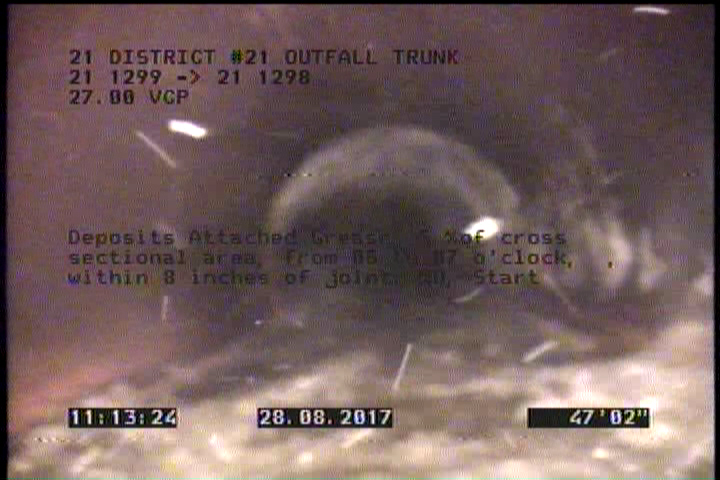 Deposits Attached Grease, 5 %of cross sectional area, from 05 to 07 o'clock, , within 8 inches of joint: NO, Start