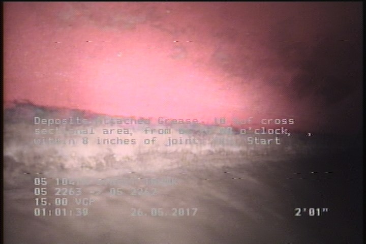 Deposits Attached Grease, 10 %of cross sectional area, from 04 to 08 o'clock, , within 8 inches of joint: YES, Start