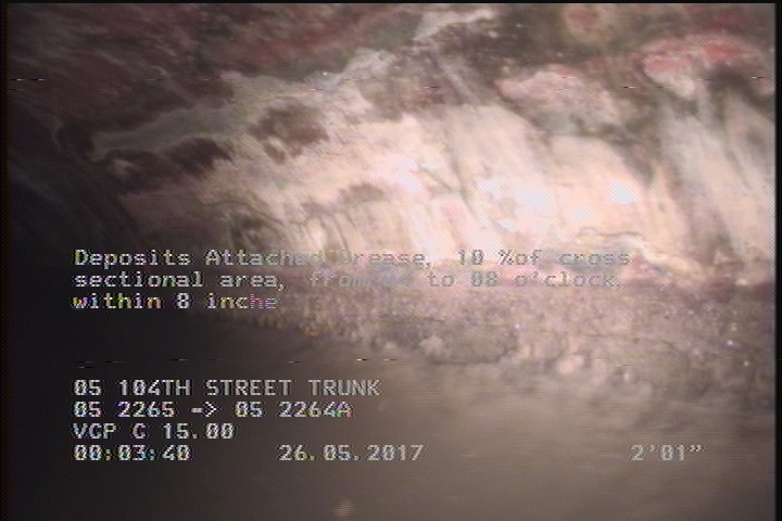 Deposits Attached Grease, 10 %of cross sectional area, from 04 to 08 o'clock, , within 8 inches of joint: YES, Start