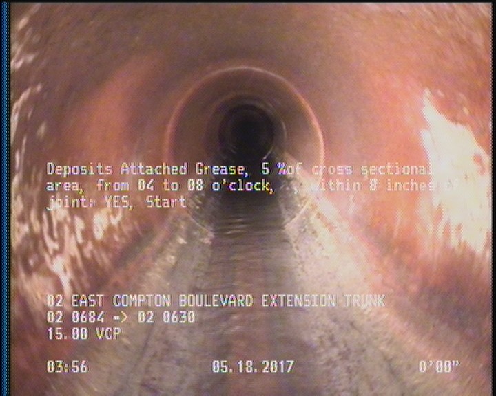 Deposits Attached Grease, 5 %of cross sectional area, from 04 to 08 o'clock, , within 8 inches of joint: YES, Start