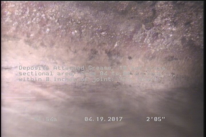 Deposits Attached Grease, 10 %of cross sectional area, from 04 to 08 o'clock, , within 8 inches of joint: YES, Start