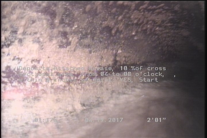 Deposits Attached Grease, 10 %of cross sectional area, from 04 to 08 o'clock, , within 8 inches of joint: YES, Start