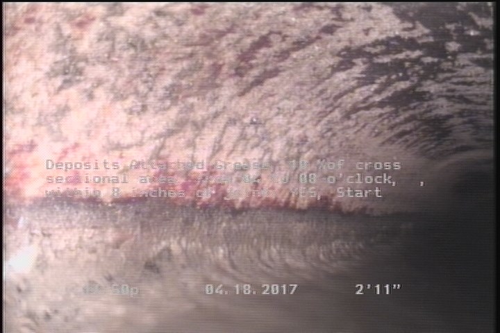 Deposits Attached Grease, 10 %of cross sectional area, from 04 to 08 o'clock, , within 8 inches of joint: YES, Start
