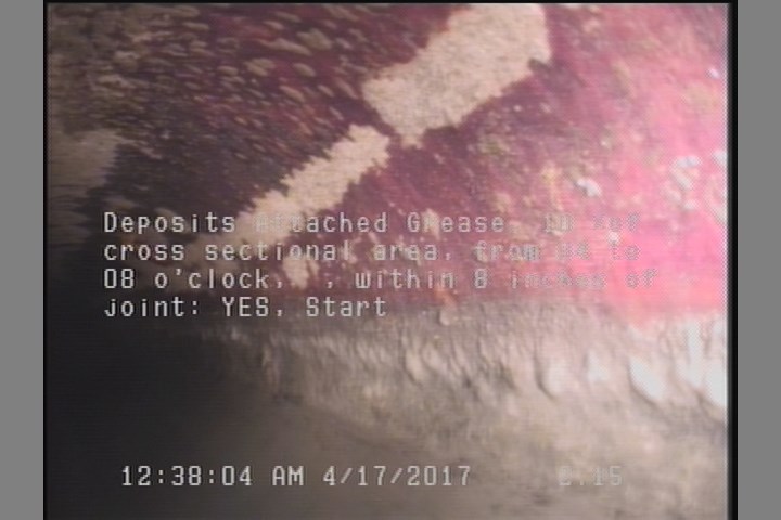 Deposits Attached Grease, 10 %of cross sectional area, from 04 to 08 o'clock, , within 8 inches of joint: YES, Start