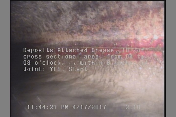 Deposits Attached Grease, 10 %of cross sectional area, from 04 to 08 o'clock, , within 8 inches of joint: YES, Start