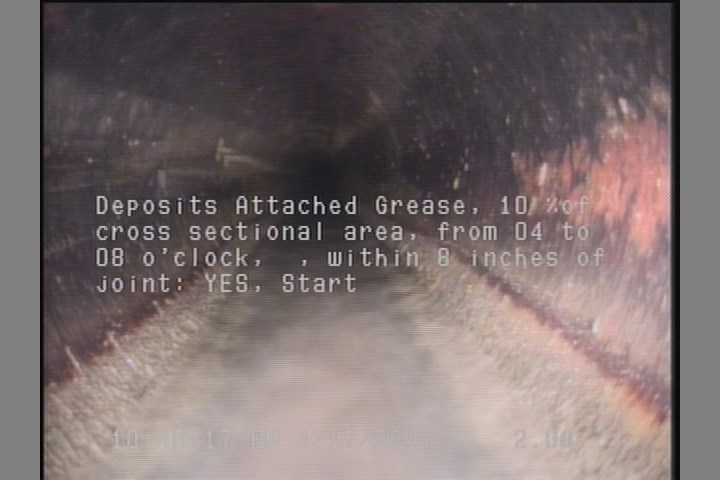 Deposits Attached Grease, 10 %of cross sectional area, from 04 to 08 o'clock, , within 8 inches of joint: YES, Start