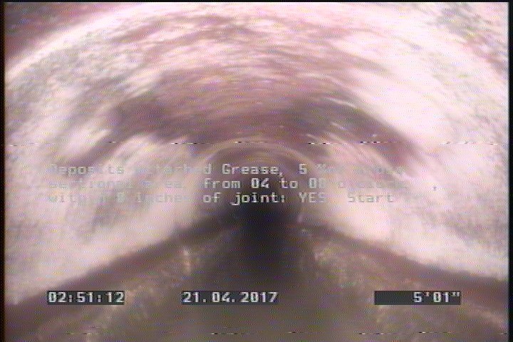Deposits Attached Grease, 5 %of cross sectional area, from 04 to 08 o'clock, , within 8 inches of joint: YES, Start