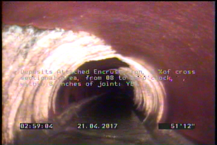 Deposits Attached Encrustation, 5 %of cross sectional area, from 08 to 04 o'clock, , within 8 inches of joint: YES