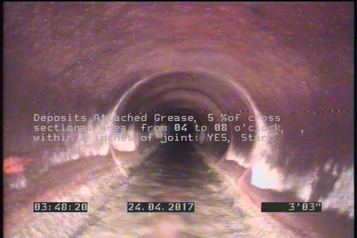Deposits Attached Grease, 5 %of cross sectional area, from 04 to 08 o'clock, , within 8 inches of joint: YES, Start