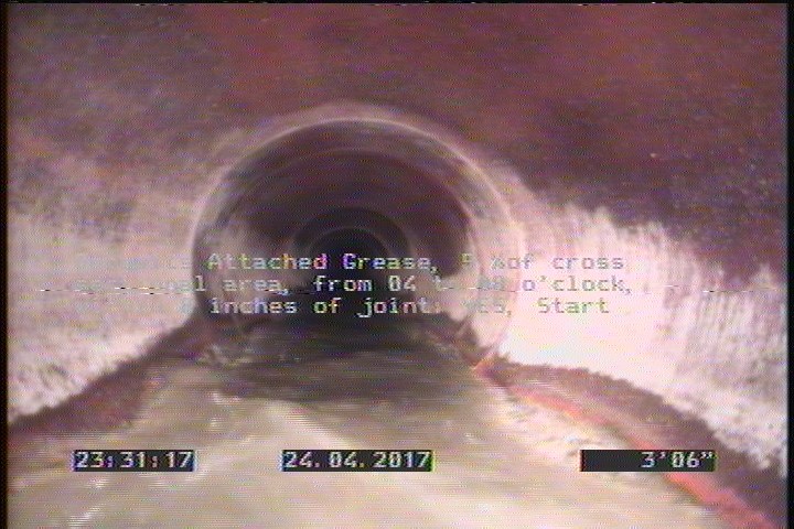 Deposits Attached Grease, 5 %of cross sectional area, from 04 to 08 o'clock, , within 8 inches of joint: YES, Start