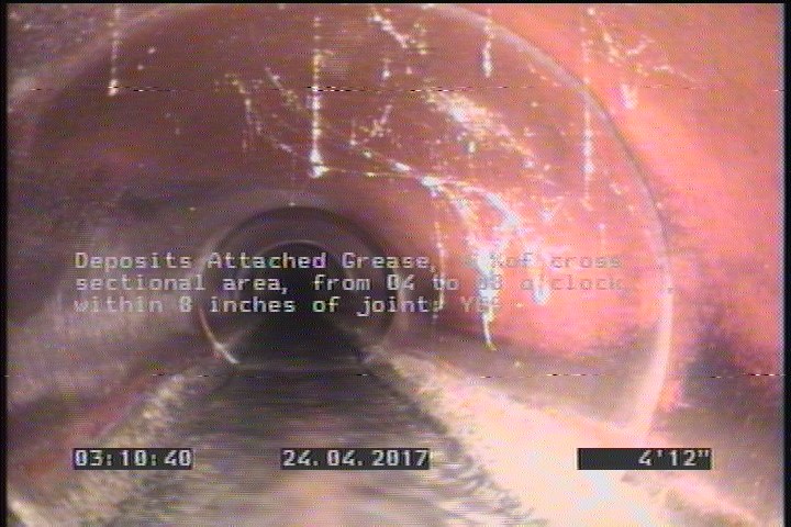 Deposits Attached Grease, 5 %of cross sectional area, from 04 to 08 o'clock, , within 8 inches of joint: YES, Start
