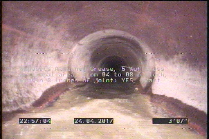Deposits Attached Grease, 5 %of cross sectional area, from 04 to 08 o'clock, , within 8 inches of joint: YES, Start