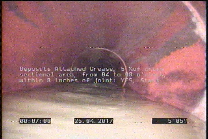 Deposits Attached Grease, 5 %of cross sectional area, from 04 to 08 o'clock, , within 8 inches of joint: YES, Start