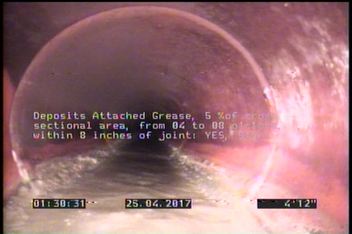 Deposits Attached Grease, 5 %of cross sectional area, from 04 to 08 o'clock, , within 8 inches of joint: YES, Start