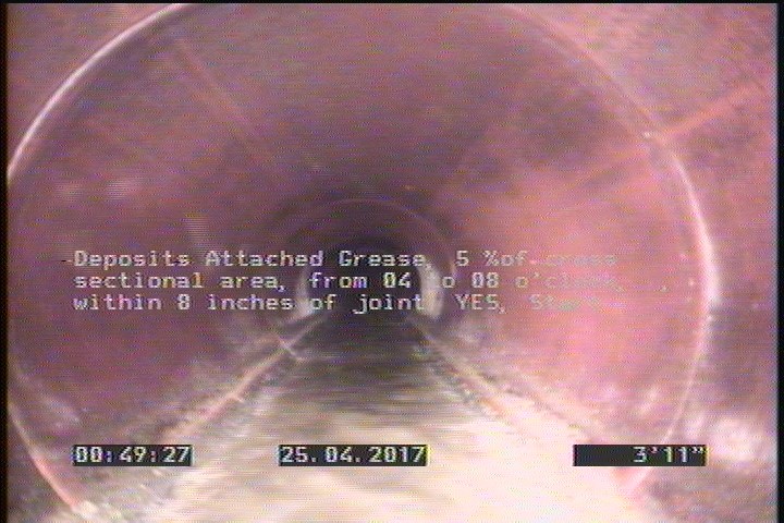 Deposits Attached Grease, 5 %of cross sectional area, from 04 to 08 o'clock, , within 8 inches of joint: YES, Start