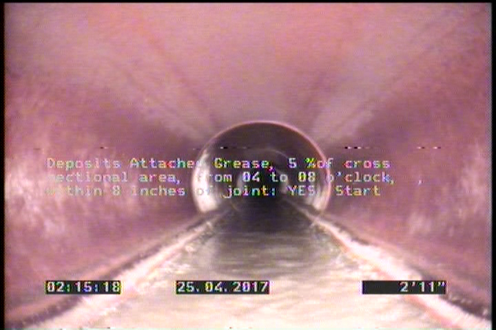 Deposits Attached Grease, 5 %of cross sectional area, from 04 to 08 o'clock, , within 8 inches of joint: YES, Start