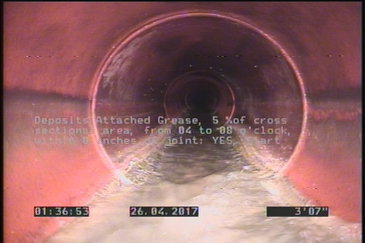 Deposits Attached Grease, 5 %of cross sectional area, from 04 to 08 o'clock, , within 8 inches of joint: YES, Start