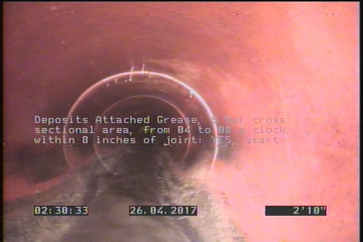 Deposits Attached Grease, 5 %of cross sectional area, from 04 to 08 o'clock, , within 8 inches of joint: YES, Start