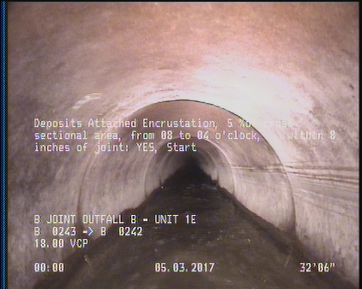 Deposits Attached Encrustation, 5 %of cross sectional area, from 08 to 04 o'clock, , within 8 inches of joint: YES, Start