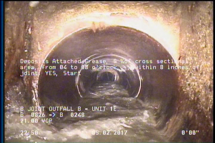 Deposits Attached Grease, 5 %of cross sectional area, from 04 to 08 o'clock, , within 8 inches of joint: YES, Start