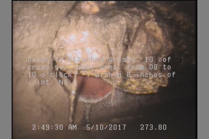 Deposits Attached Grease, 10 %of cross sectional area, from 08 to 10 o'clock, , within 8 inches of joint: NO