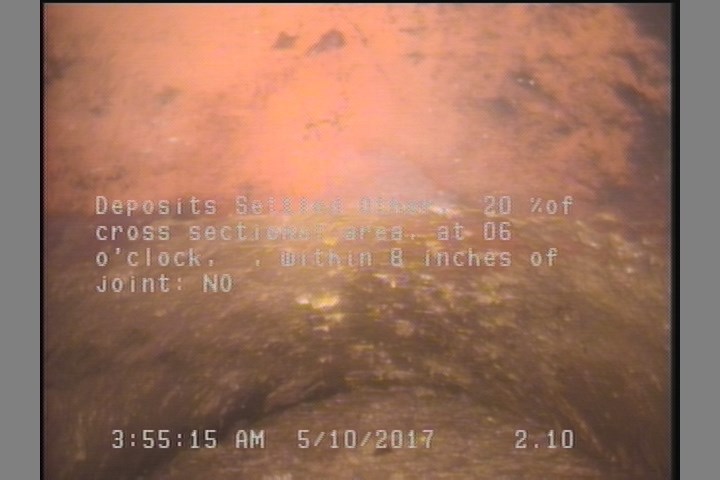 Deposits Settled Other, 20 %of cross sectional area, at 06 o'clock, , within 8 inches of joint: NO