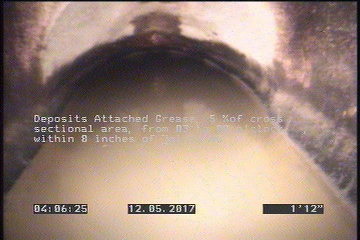 Deposits Attached Grease, 5 %of cross sectional area, from 03 to 09 o'clock, , within 8 inches of joint: NO