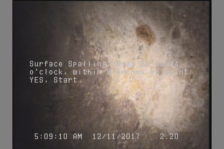 Surface Spalling, from 08 to 04 o'clock, within 8 inches of joint: YES, Start