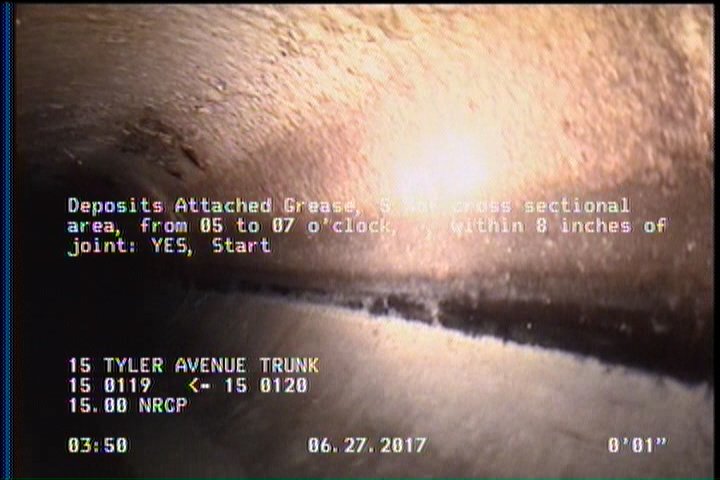 Deposits Attached Grease, 5 %of cross sectional area, from 05 to 07 o'clock, , within 8 inches of joint: YES, Start