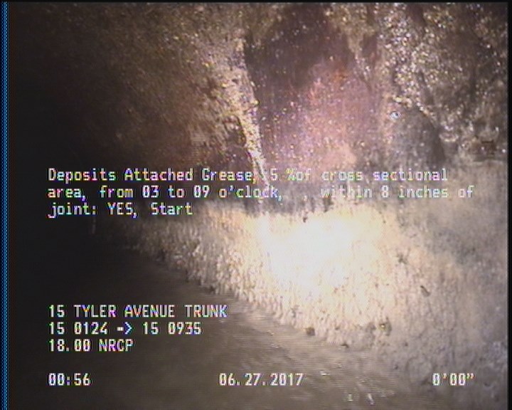 Deposits Attached Grease, 5 %of cross sectional area, from 03 to 09 o'clock, , within 8 inches of joint: YES, Start