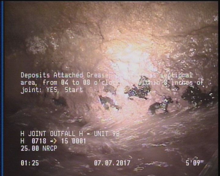 Deposits Attached Grease, 5 %of cross sectional area, from 04 to 08 o'clock, , within 8 inches of joint: YES, Start
