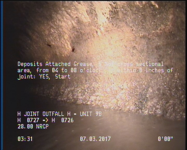 Deposits Attached Grease, 5 %of cross sectional area, from 04 to 08 o'clock, , within 8 inches of joint: YES, Start