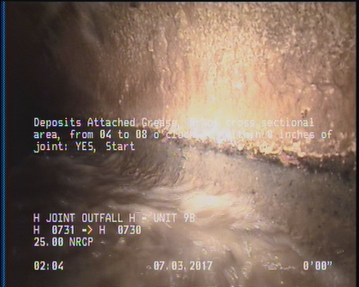 Deposits Attached Grease, 5 %of cross sectional area, from 04 to 08 o'clock, , within 8 inches of joint: YES, Start