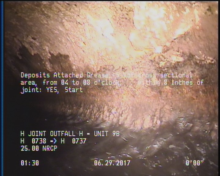 Deposits Attached Grease, 5 %of cross sectional area, from 04 to 08 o'clock, , within 8 inches of joint: YES, Start