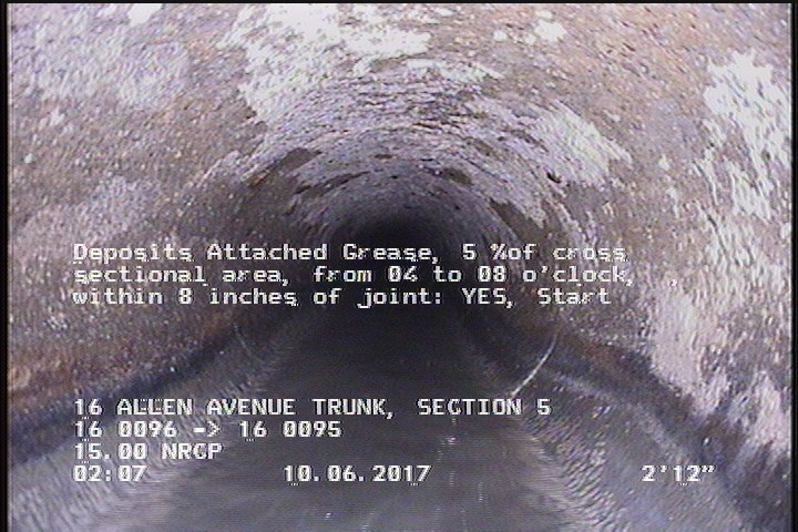 Deposits Attached Grease, 5 %of cross sectional area, from 04 to 08 o'clock, , within 8 inches of joint: YES, Start