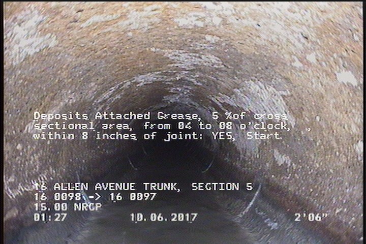 Deposits Attached Grease, 5 %of cross sectional area, from 04 to 08 o'clock, , within 8 inches of joint: YES, Start
