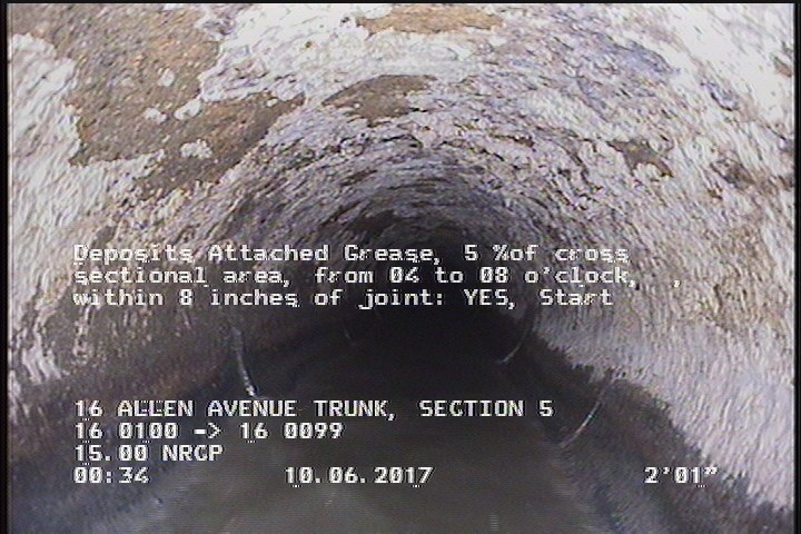 Deposits Attached Grease, 5 %of cross sectional area, from 04 to 08 o'clock, , within 8 inches of joint: YES, Start