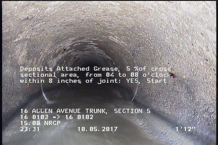 Deposits Attached Grease, 5 %of cross sectional area, from 04 to 08 o'clock, , within 8 inches of joint: YES, Start