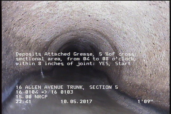 Deposits Attached Grease, 5 %of cross sectional area, from 04 to 08 o'clock, , within 8 inches of joint: YES, Start