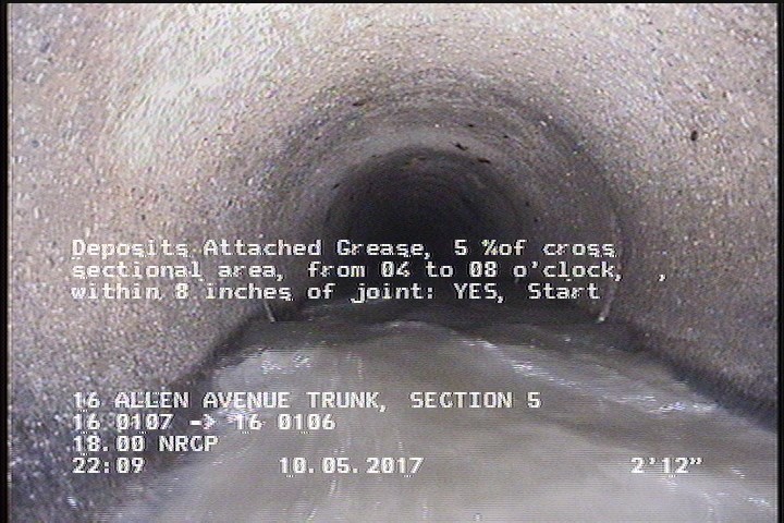 Deposits Attached Grease, 5 %of cross sectional area, from 04 to 08 o'clock, , within 8 inches of joint: YES, Start