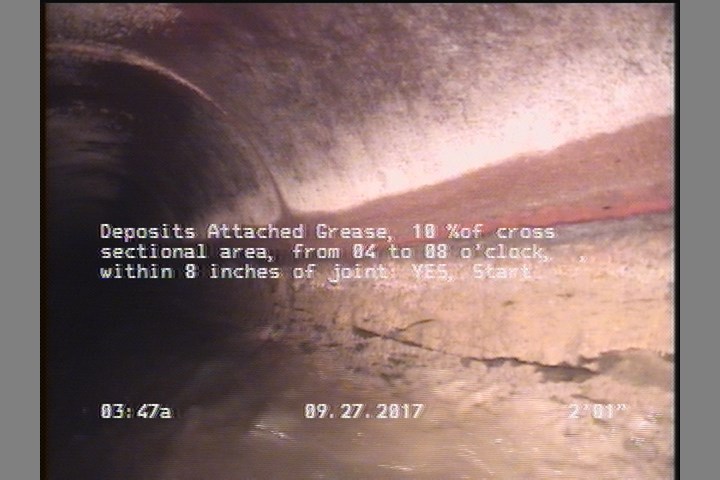 Deposits Attached Grease, 10 %of cross sectional area, from 04 to 08 o'clock, , within 8 inches of joint: YES, Start