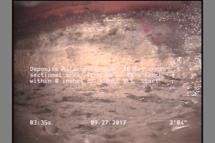 Deposits Attached Grease, 10 %of cross sectional area, from 04 to 08 o'clock, , within 8 inches of joint: YES, Start