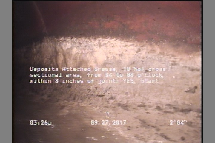 Deposits Attached Grease, 10 %of cross sectional area, from 04 to 08 o'clock, , within 8 inches of joint: YES, Start