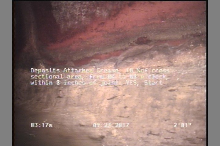 Deposits Attached Grease, 10 %of cross sectional area, from 04 to 08 o'clock, , within 8 inches of joint: YES, Start