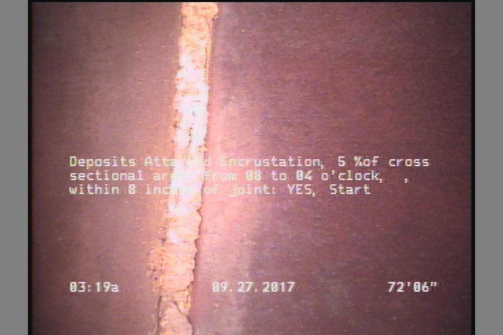 Deposits Attached Encrustation, 5 %of cross sectional area, from 08 to 04 o'clock, , within 8 inches of joint: YES, Start