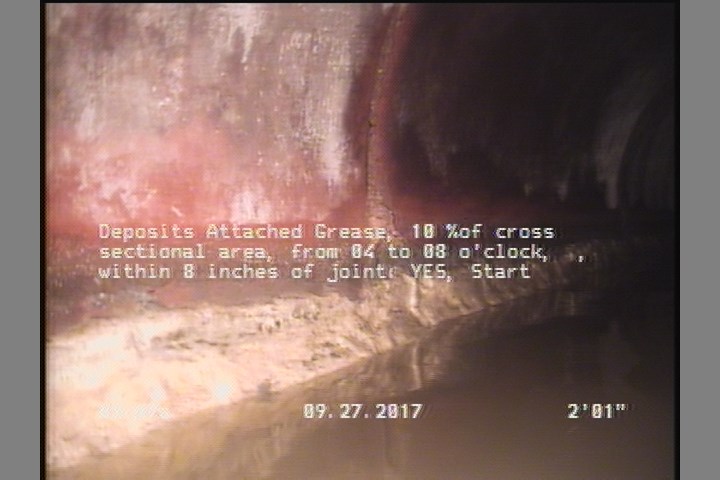 Deposits Attached Grease, 10 %of cross sectional area, from 04 to 08 o'clock, , within 8 inches of joint: YES, Start