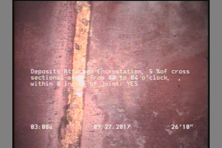 Deposits Attached Encrustation, 5 %of cross sectional area, from 08 to 04 o'clock, , within 8 inches of joint: YES